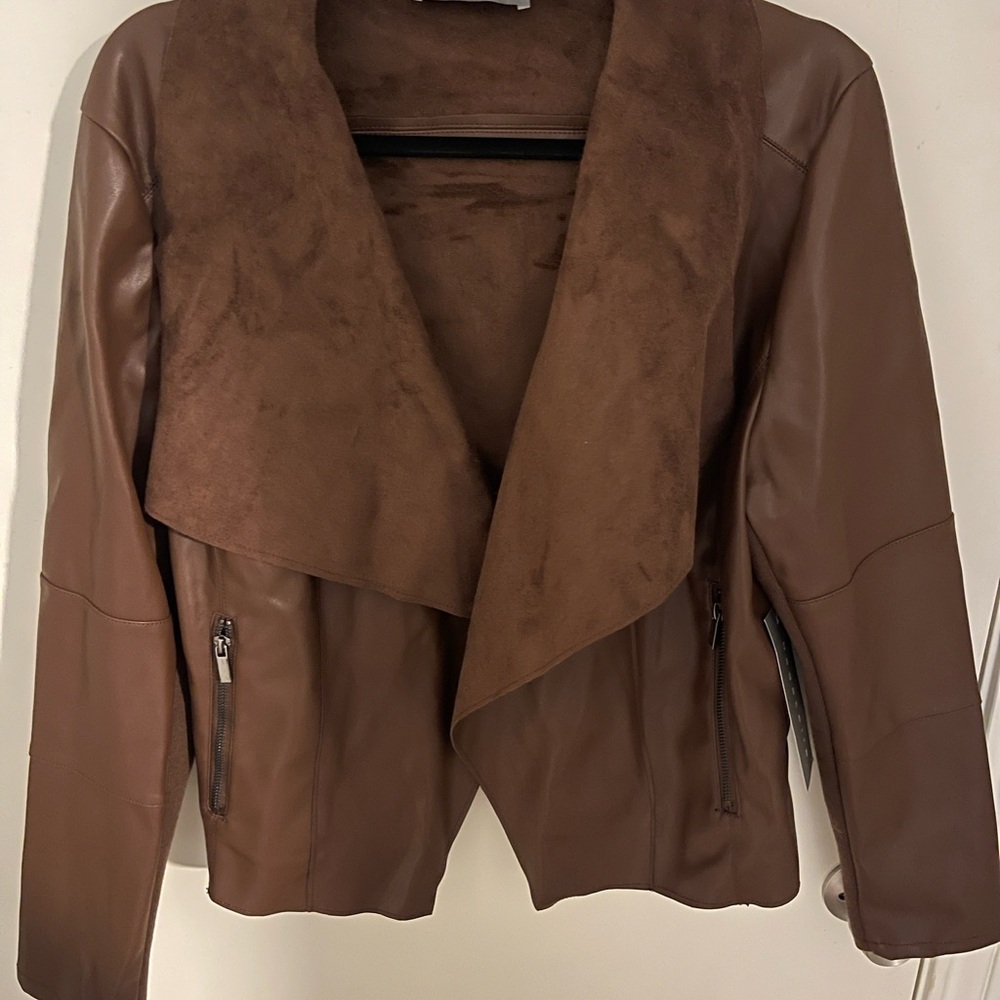 Bagatelle Brown Leather Jacket with Draped Collar and Fitted Style